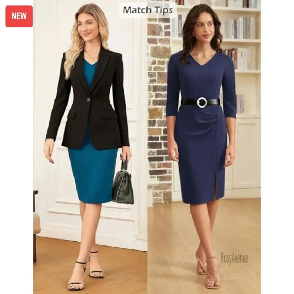 Professional Bodycon Dress 3/4 Sleeve V Neck Pencil Midi Office Wear